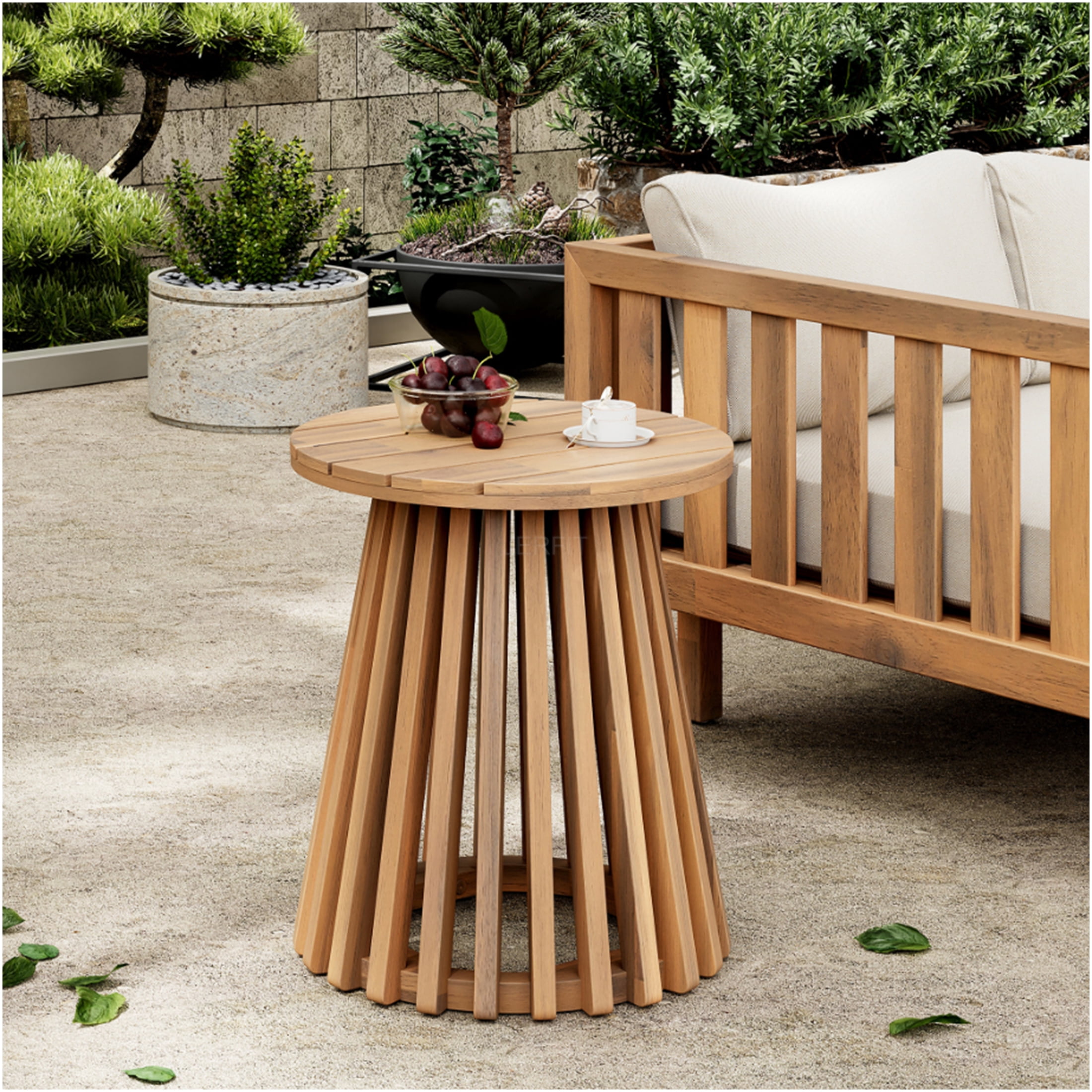 JERFIT Outdoor Acacia Wood Side Table, 18 Inch Round End Table for ...
