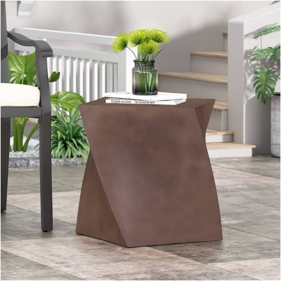 JERFIT Outdoor Accent Side Table, 18" Lightweight Concrete End Table with Live Edge, Modern Abstract Cube Design, Brown Patio Garden Furniture