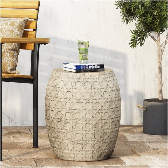 JERFIT Outdoor Accent Table, 19.75" Lightweight Concrete Side Table with Boho Design for Patio, Deck, Balcony, Indoor & Outdoor Use, Antique Yellow