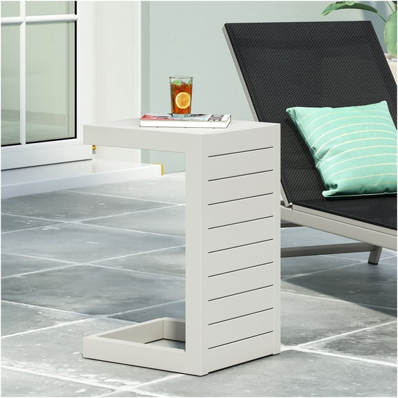 JERFIT Outdoor C-Shaped End Table with Aluminum Frame, Lightweight Side Table for Patio, Poolside Lounge Chair, Modern Accent Table in White