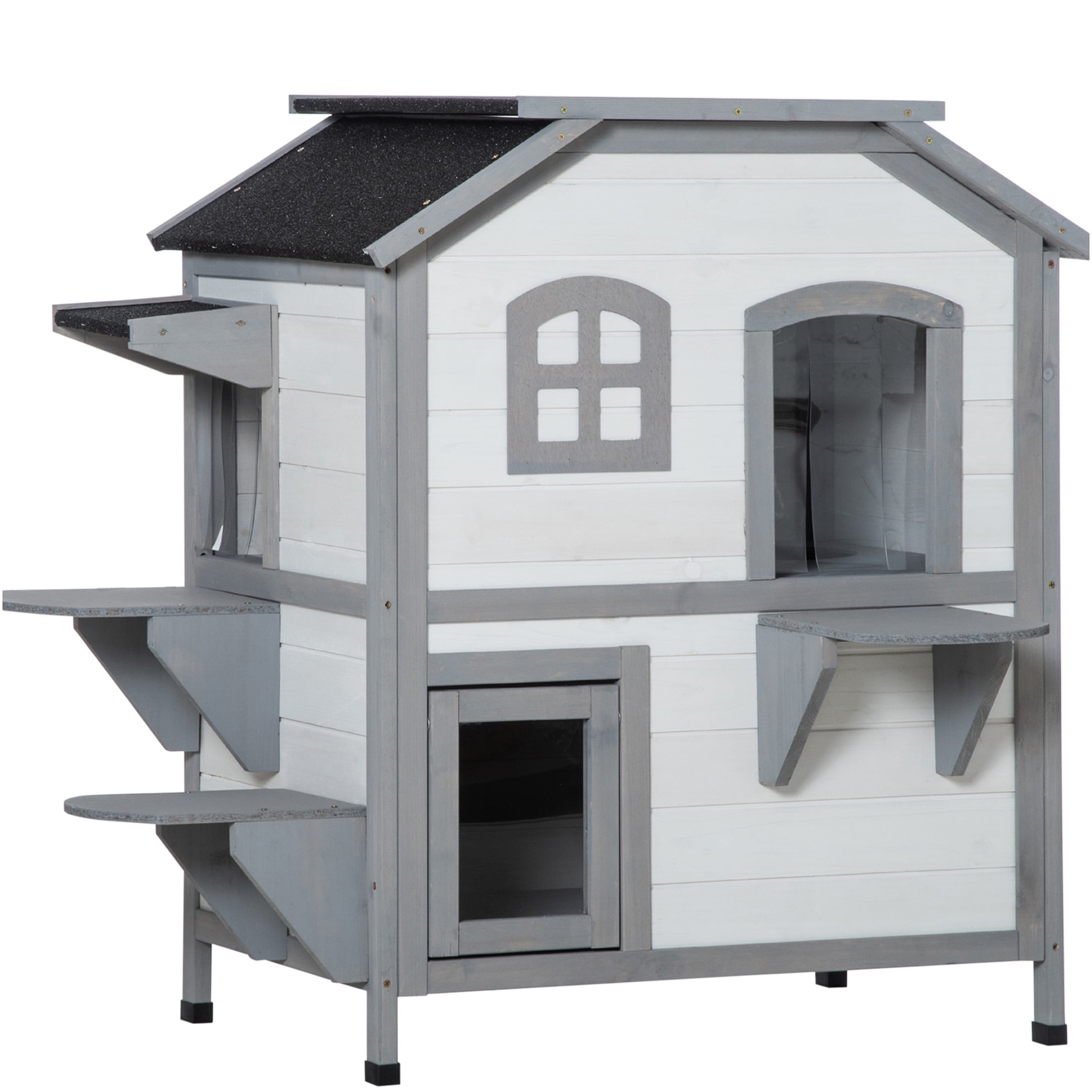 JERFIT Outdoor Cat House, 2-Story Wooden Catio with Escape Door, Waterproof Asphalt Roof, Jumping Platforms, for Feral & Indoor Cats, Easy Assembly, White
