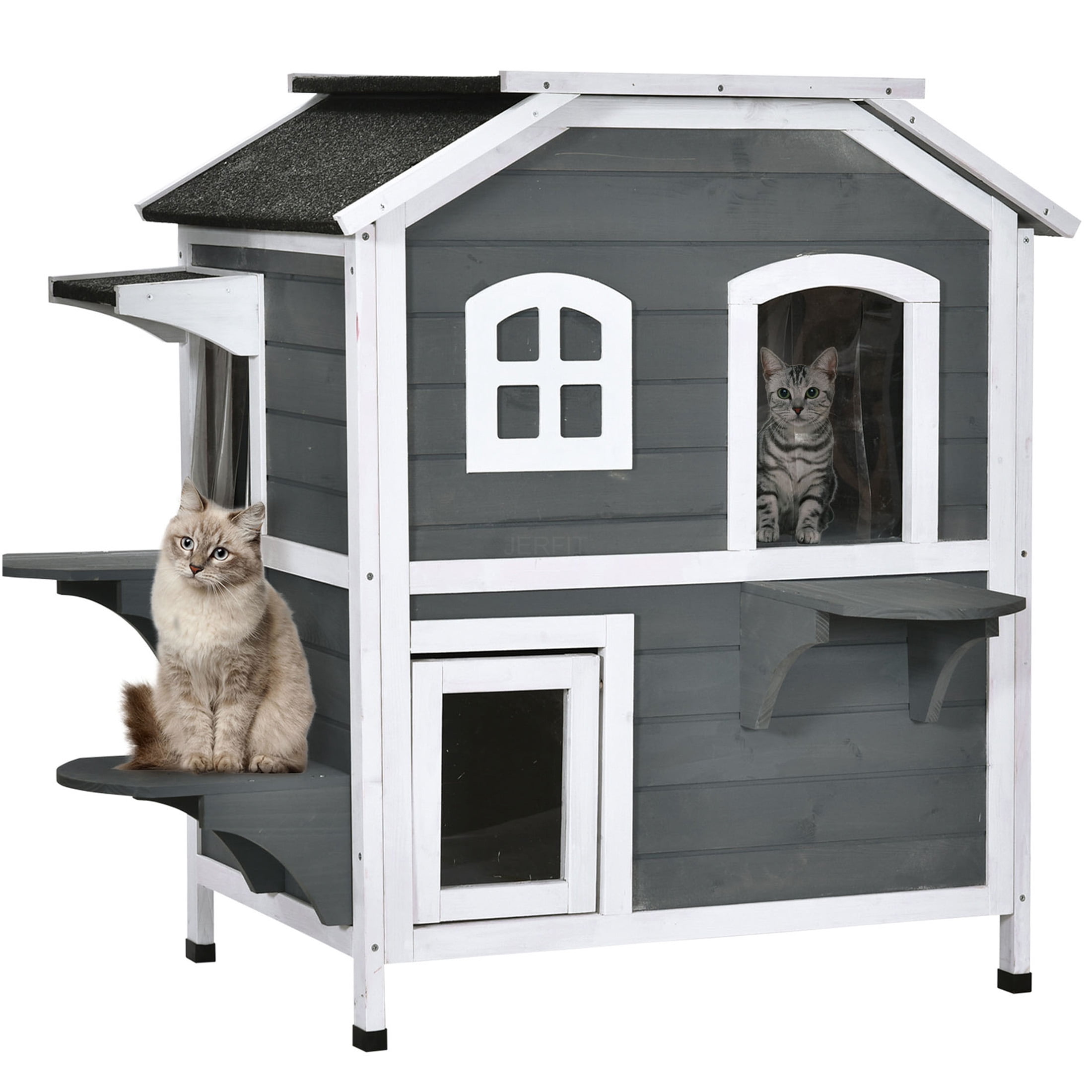 JERFIT Outdoor Cat House 2-Story, Wooden Weatherproof Feral Cat Shelter with Lockable Roof, Escape Door, Perch & Play Platforms for Multiple Cats, Gray