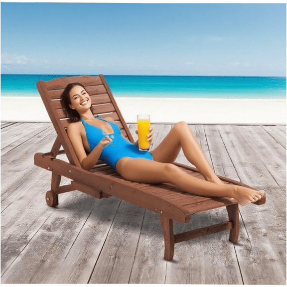 JERFIT Outdoor Chaise Lounge Chair with Side Table, Wooden Pool Sun Tanning Recliner Patio Furniture for Backyard, Brown or Red