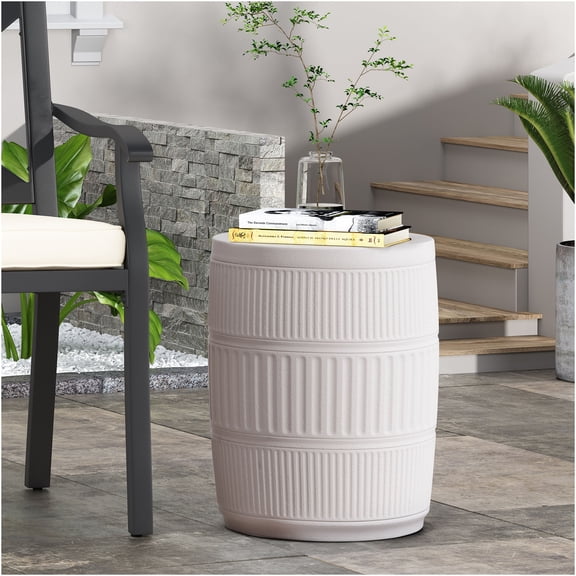 JERFIT Outdoor Concrete End Table with Fluted Design, Antique White Lightweight Magnesium Oxide Patio Side Table for Garden, Balcony, Porch, No Assembly Needed
