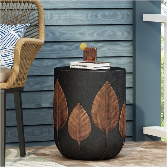 JERFIT Outdoor Concrete End Table with Leaf Pattern, Lightweight Magnesium Oxide Side Table for Patio, Boho Copper Accent Table