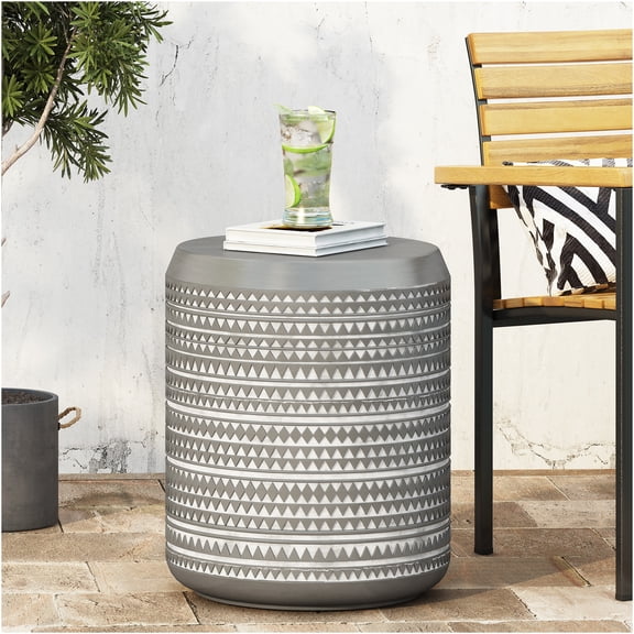 JERFIT Outdoor Concrete Side Table for Patio, Lightweight Boho End Table with Geometric Design, No Assembly Required Small Accent Table for Garden, Balcony, Poolside, White
