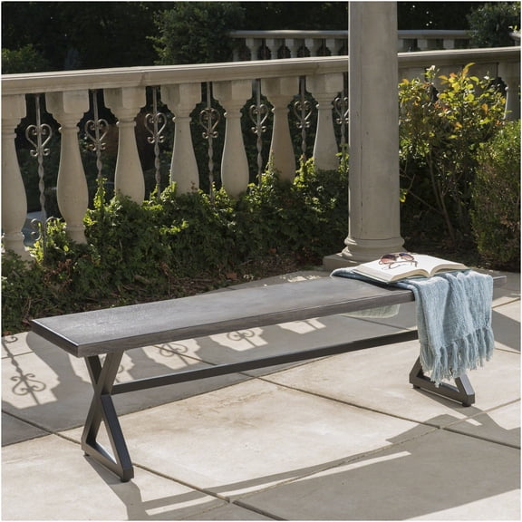 JERFIT Outdoor Dining Bench, 63" Modern X-Frame Patio Bench with Wood Grain Aluminum Top & Steel Frame, Grey/Black for Garden, Backyard, Bistro