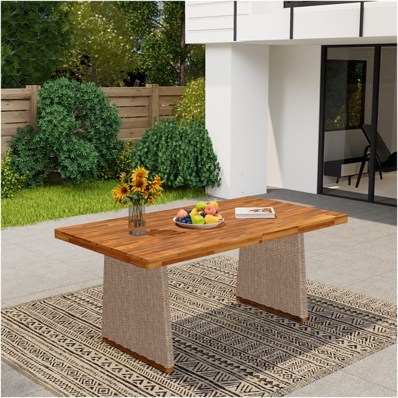 JERFIT Outdoor Dining Table with Wicker Base, Acacia Wood Top in Teak Brown for Patio Garden Poolside