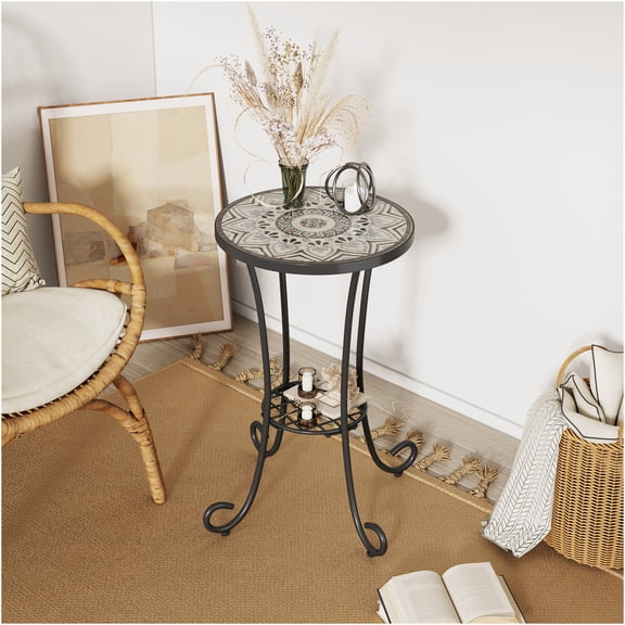 JERFIT Outdoor End Table with Lower Shelf, Ceramic Tile Top Patio Garden Side Table for Indoor Outdoor Use, Brown and Black