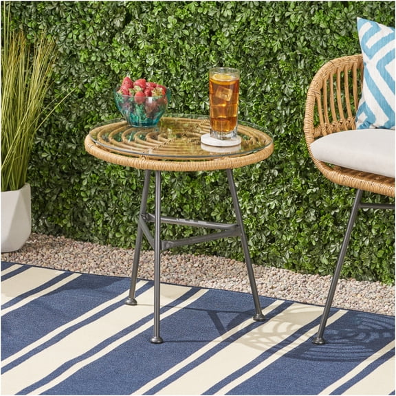 JERFIT Outdoor End Table with Tempered Glass Top, Light Brown Rattan Console Table for Patio, Balcony, Porch, Deck & Garden Modern Accent Furniture