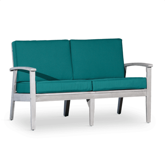 JERFIT Outdoor Eucalyptus Wood Loveseat with Deep Seat Cushions, Silver Gray Frame & Dark Green Water-Resistant Fabric for Patio, Garden