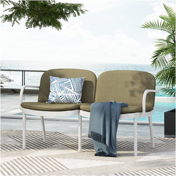 JERFIT Outdoor Loveseat Patio Sofa, 2-Person Garden Bench with White UV Resistant Polypropylene Frame & Green Fade-Resistant Cushion