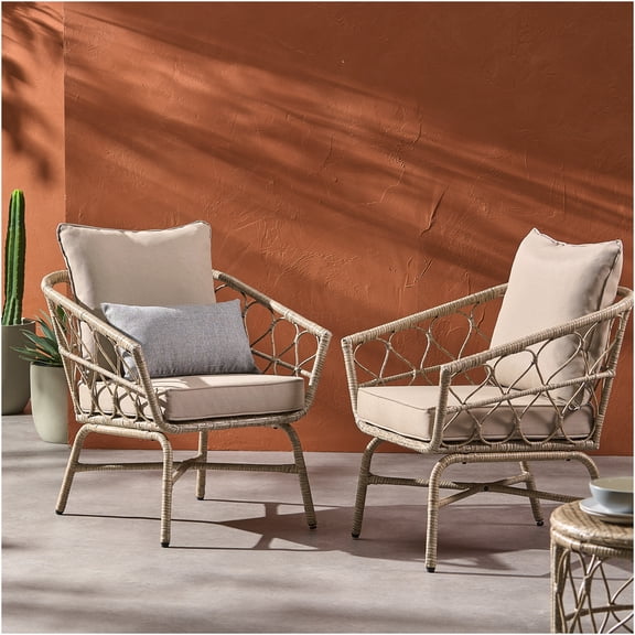 JERFIT Outdoor PE Rattan Club Chair Set of 2, Boho Patio Armchairs with Water-Resistant Cushions, Brown All-Weather Garden Seating