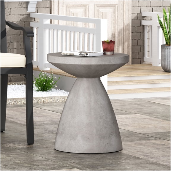 JERFIT Outdoor Patio Accent Table, Lightweight Concrete End Table with Hourglass Base, No Assembly Modern Side Table for Living Room, Garden, Natural