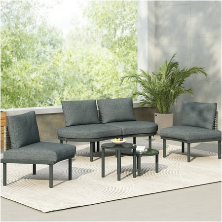 JERFIT Outdoor Patio Furniture Sets, 6-Piece Modular Sectional Sofa with 2 Coffee Tables, Waterproof PE Rattan & Aluminum Frame, Gray