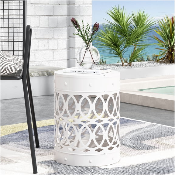 JERFIT Outdoor Patio Side Table with Iron Cut Design, Large Accent Table for Garden, Poolside, Living Room, White Metal End Table No Assembly Required