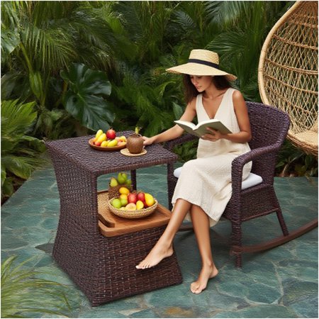 JERFIT Outdoor Patio Side Table with Umbrella Hole, 65lbs Load Brown Wicker End Table for Garden Pool Deck