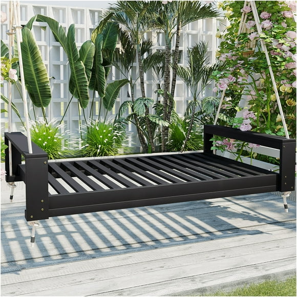 JERFIT Outdoor Porch Swing Bed for Patio, Twin Size Acacia Wood Hanging Bed with 4 Hemp Ropes, 400lb Capacity, Black