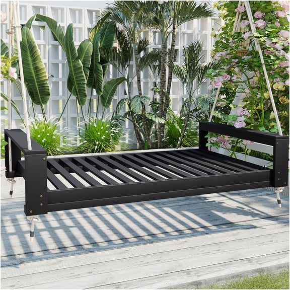 JERFIT Outdoor Porch Swing Bed for Patio, Twin Size Acacia Wood Hanging Bed with 4 Hemp Ropes, 400lb Capacity, Black