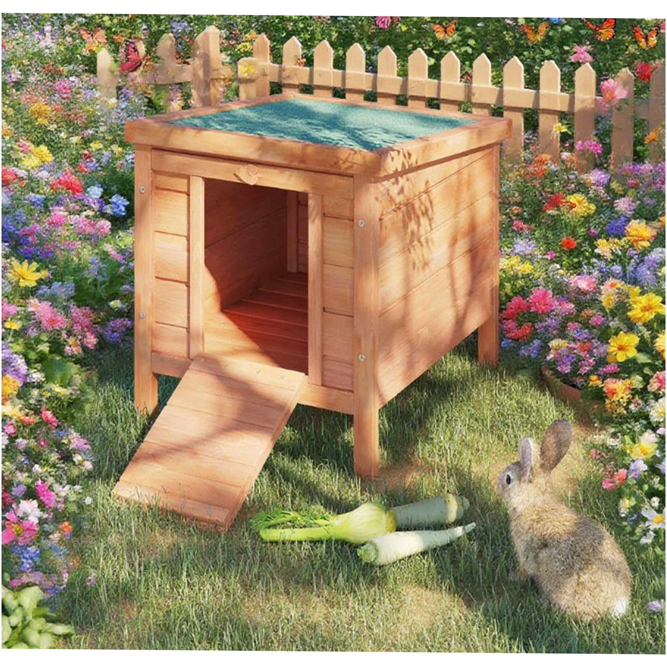 JERFIT Outdoor Rabbit Hutch with Waterproof Asphalt Roof, Wooden Bunny Cage for Small Animals, Guinea Pig House with Ramp, Elevated Floor for Patio, Garden, Natural