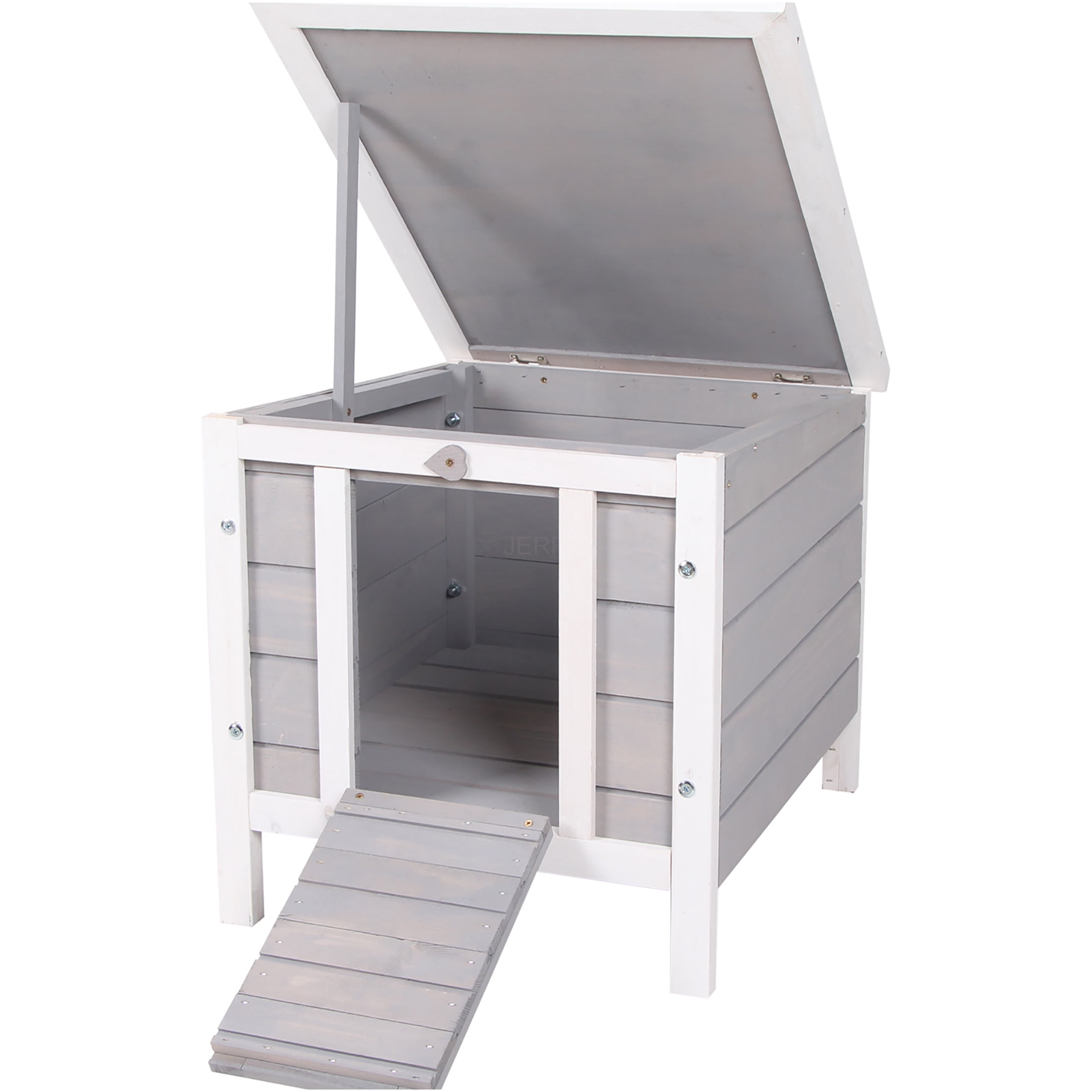 JERFIT Outdoor Rabbit Hutch with Waterproof Roof, Small Animal Cage for Bunny Guinea Pig, Wooden Pet House with Ramp, Elevated Bottom, Gray