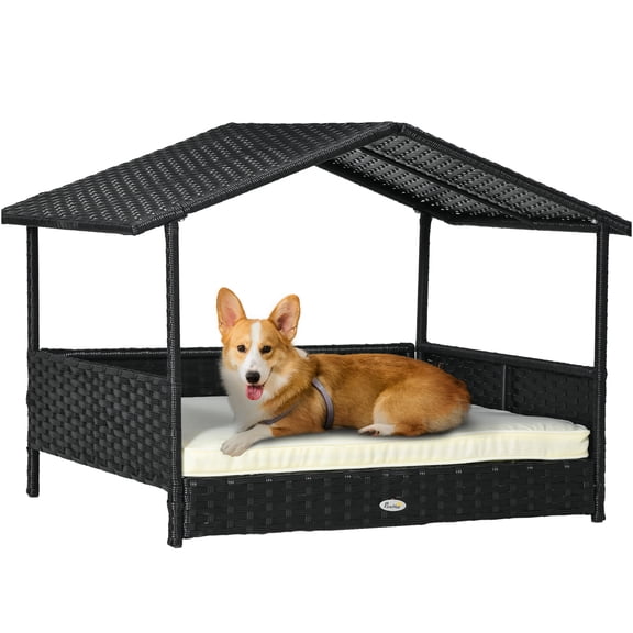 JERFIT Outdoor Rattan Dog House with Canopy & Cushion, Elevated Weather-Resistant Wicker Pet Bed Shelter for Small Medium Dogs, White