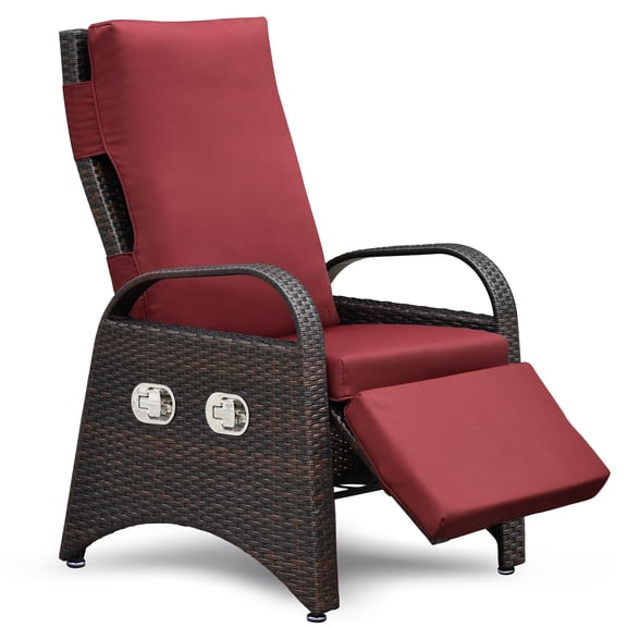 JERFIT Outdoor Recliner Chair with Side Table, 2-Position Adjustable Lounge Chair, Waterproof PE Rattan & Iron Frame, Removable Cushion for Patio, Garden, Poolside Relaxation (Red)