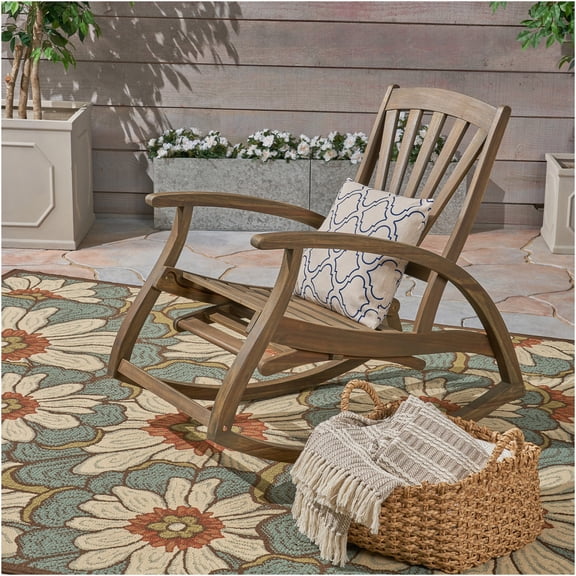 JERFIT Outdoor Rocking Chair with Pull-Out Footrest, Grey Acacia Wood Patio Rocker for Porch, Garden & Balcony Relaxation