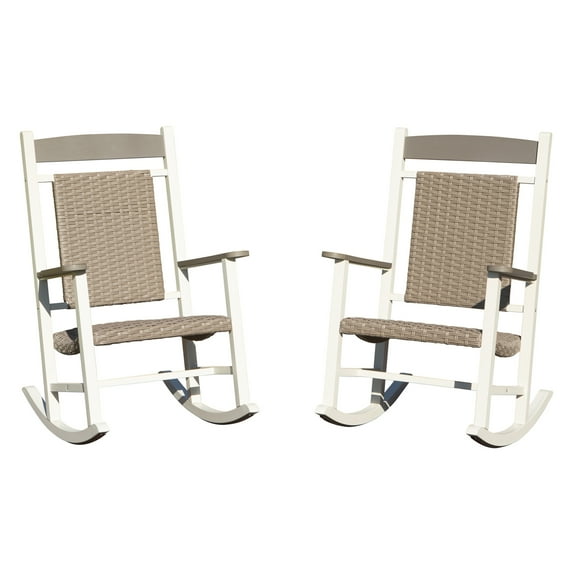 JERFIT Outdoor Rocking Chairs Set of 2, Oversized Patio Rockers with High Back, All-Weather HDPE Wicker for Porch, Garden, Deck, White Gray