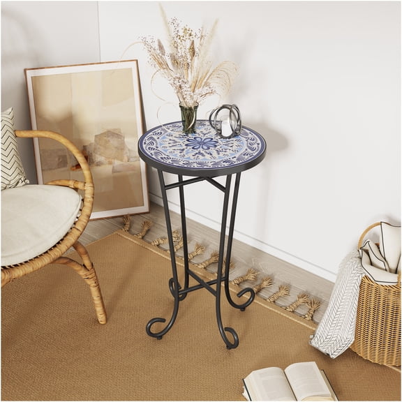 JERFIT Outdoor Side Table with Ceramic Tile Top, Weather-Resistant Patio End Table for Porch, Deck, Garden, Black and Blue Iron Accent Table
