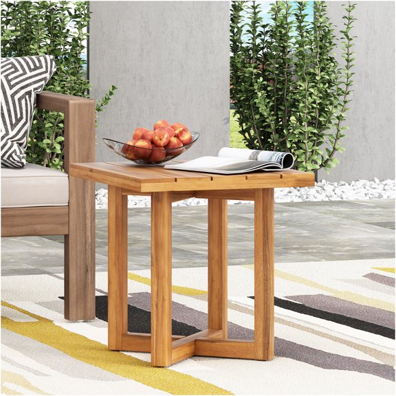 JERFIT Outdoor Square End Table, Teak Wood Patio Side Table with X-Base Design for Garden, Poolside, Porch & Balcony