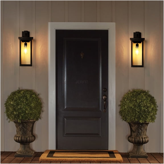 JERFIT Outdoor Wall Lanterns Set of 2, Black Modern Sconce Light with Auto Dusk to Dawn Sensor, Weatherproof Exterior Light for Porch, Garage, Entryway, E26 Bulb Base, Hardwired