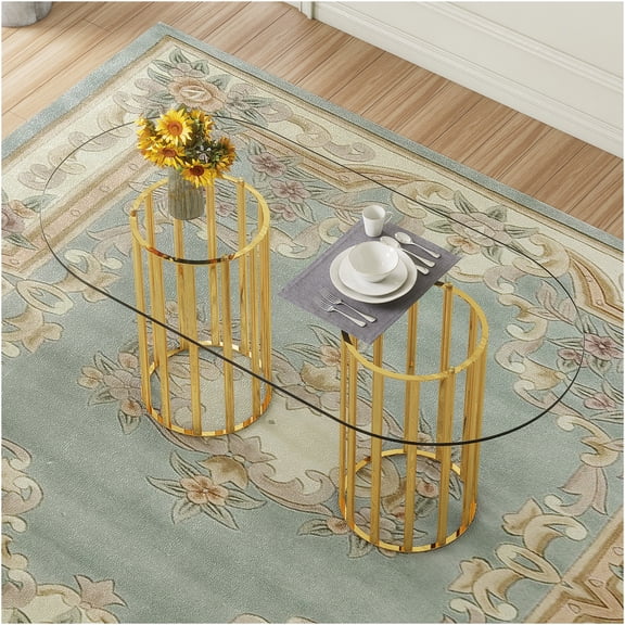 JERFIT Oval Dining Table for 6-8, Tempered Glass Top with Gold Metal Base, Modern Light Luxury Kitchen Restaurant Table