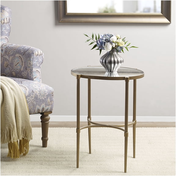 JERFIT Oval Mirror Top Accent Table, Antique Bronze Metal End Table for Living Room, Farmhouse Bedside Nightstand with Elegant Glass Top