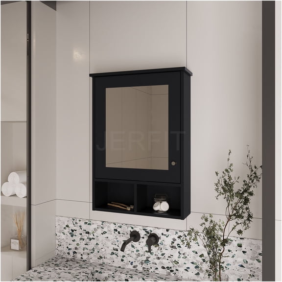JERFIT Over Door Medicine Cabinet with Mirror, 3-Tier Hidden Storage & 2 Open Shelves, Space Saving Organizer for Bathroom, Black