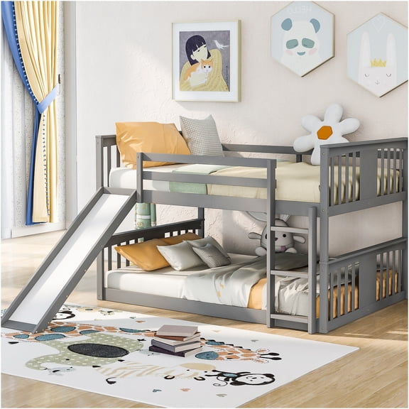 JERFIT Gray Full over Full Bunk Bed with Slide and Ladder, Solid Wood Twin Bunkbed Frame with Guardrails, No Box Spring Needed