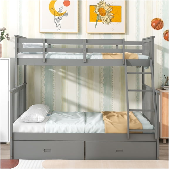 JERFIT Twin over Full Bunk Bed with Storage Drawers, Grey Wood Frame, Space-Saving Bunkbed with Ladder, Guard Rails, No Box Spring Needed