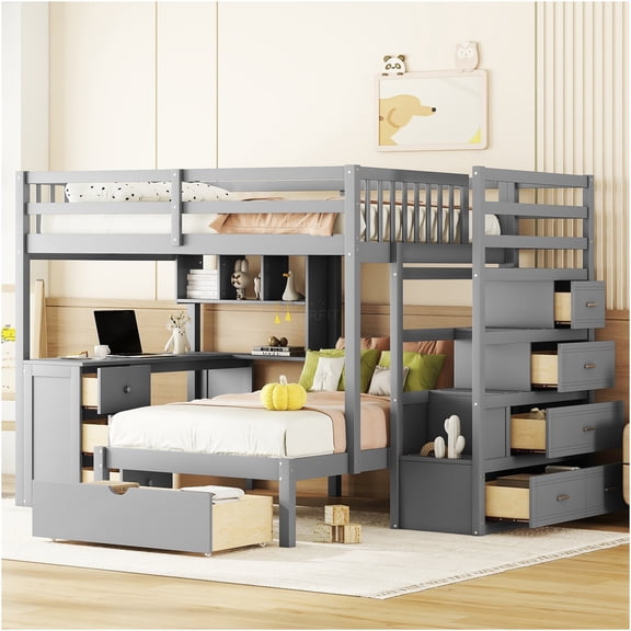 JERFIT Over Twin Bunk Bed with Desk Drawers and Shelves Gray