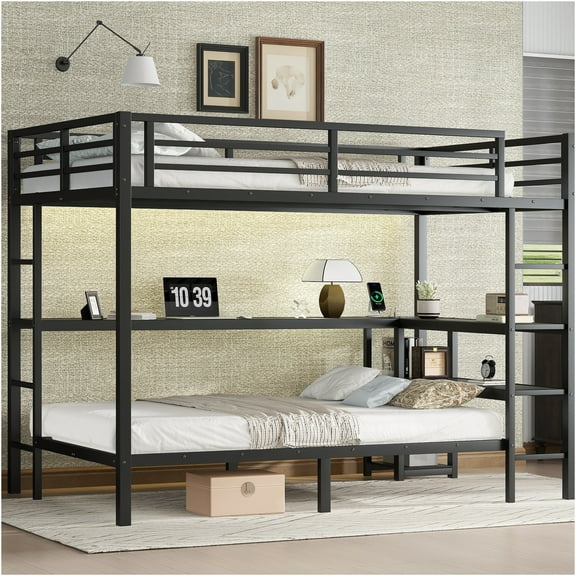 JERFIT Over Twin Bunk Bed with Desk and Shelves Multiple Placement with LED and USB Black