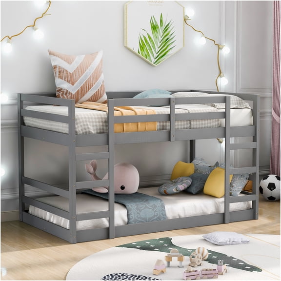 JERFIT Twin over Twin Bunk Bed with Ladder, Space Saving Solid Wood Bunkbed Frame, Gray Finish