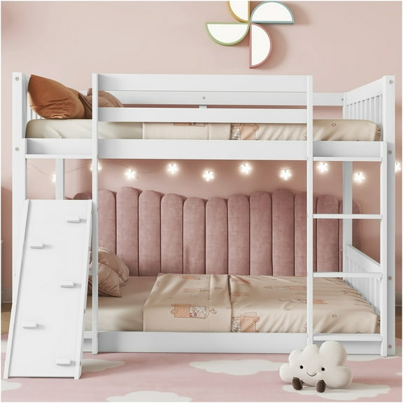 JERFIT Over Twin Floor Bunk Bed Playhouse Floor Bunk Bed with Climbing Ramp Ladder Safety