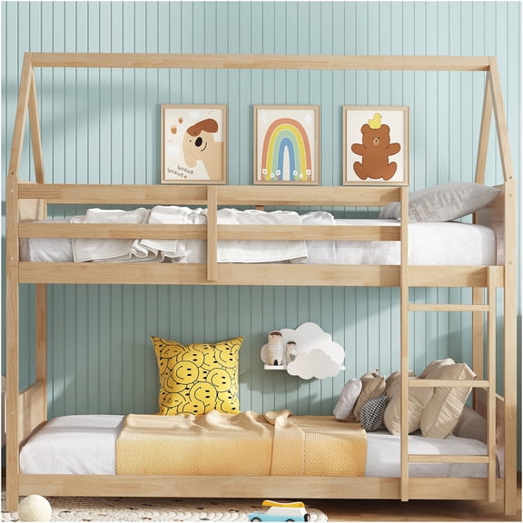 JERFIT Twin over Twin Low Profile Bunk Bed with Ladder, House Style Guardrails, Solid Rubber Wood Frame for Space Saving, White Oak Finish