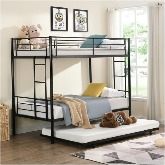 JERFIT Triple Bunk Bed with Trundle, Full Metal Frame, Space Saving Design, No Box Spring Needed, Black