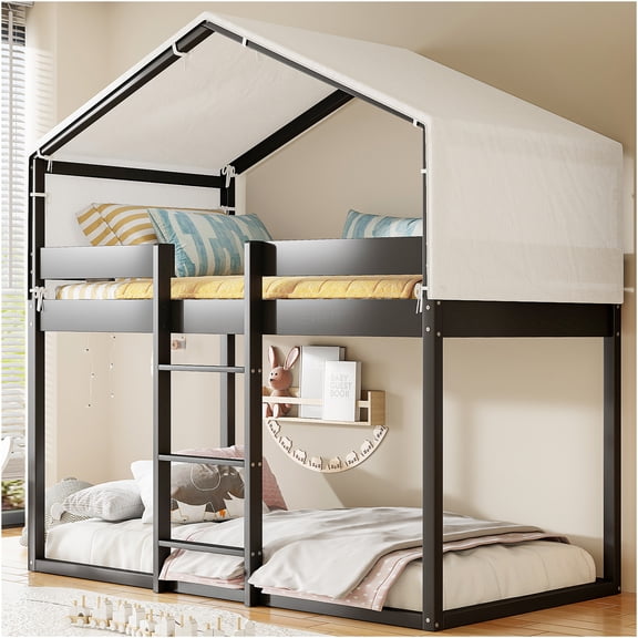 JERFIT Twin over Twin Bunk Bed with Playhouse Tent Design, Solid Wood Frame, Space Saving Loft Bed for Dorm, Guest Room, Espresso Finish