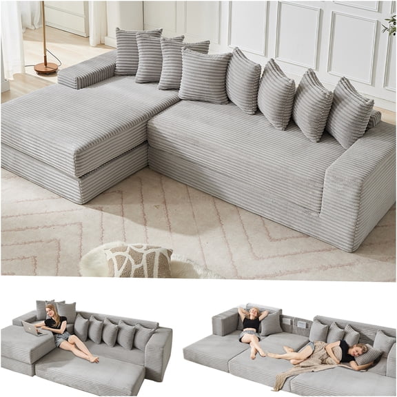 JERFIT Modular Cloud Couch Sectional Sofa Bed, 3-Seater L-Shaped Sleeper Sofa with Storage & 8 Pillows, Convertible Floor Couch for Living Room, Light Gray Corduroy