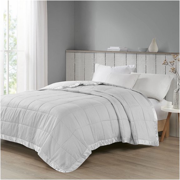 JERFIT Oversized Grey Down Alternative Comforter with Satin Trim - Hypoallergenic, OEKO-TEX Certified, Machine Washable, Queen Size Bed Blanket