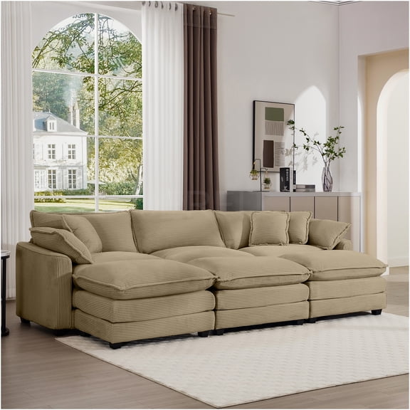 JERFIT Oversized L-Shaped Sofa Set with Ottoman, Modular Sectional Couch Low Back Design, Spacious Seating for Living Room, Tan Corduroy Fabric