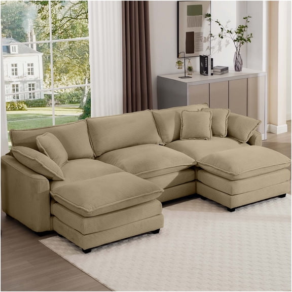 JERFIT Oversized Modular Sofa with Ottoman, 3-Seater L-Shaped Corner Couch, Low Back Deep Seating Convertible Sofa Bed in Soft Tan Corduroy for Living Room and Apartment