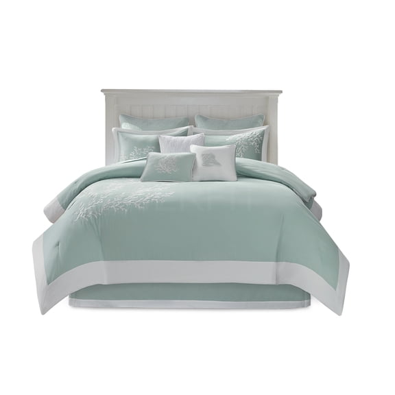 JERFIT Oversized Twin Comforter Set in Aqua, 100% Cotton Jacquard Bedding with Coral Embroidery, All-Season Luxury Hotel Style