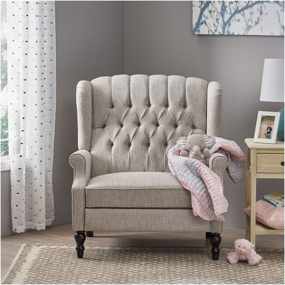 JERFIT Oversized Wingback Recliner Chair, Push Back Manual Recliner with Tufted Diamond Stitching and Nailhead Trim, Upholstered Fabric Accent Chair for Living Room, Bedroom, Light Grey